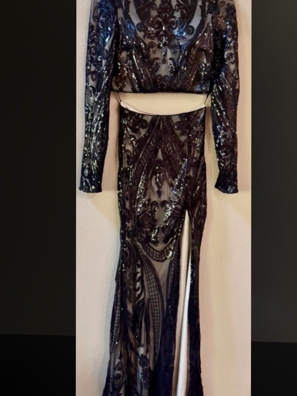 Lulu's luxe Aesthetic Black Sequin Long Sleeve Two-Piece Maxi Dress!